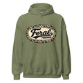 Front view of military green Feral Camo hoodie with woodland camouflage oval logo