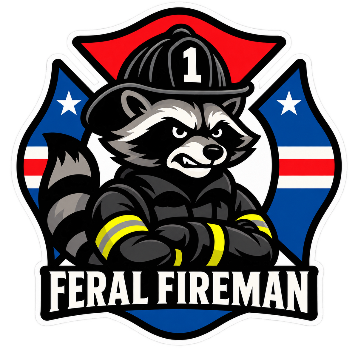 Feral Fireman raccoon badge helmet tattoo