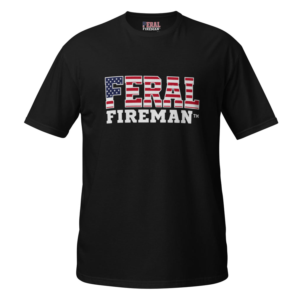 Softstyle Flag Logo Feral Fireman Essential Tee in black, front view