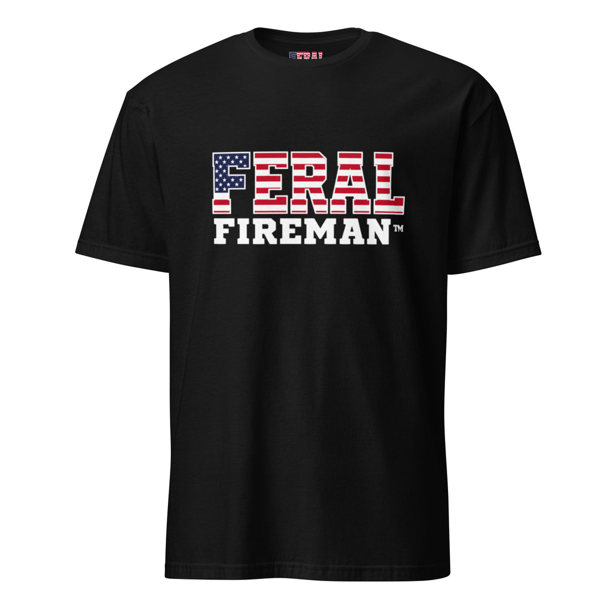 Softstyle Flag Logo Feral Fireman Essential Tee in black, front view