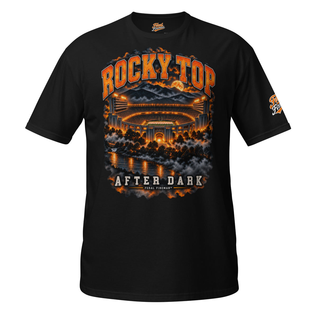 Rocky Top After Dark Feral Fireman Essential Tee in black, front view