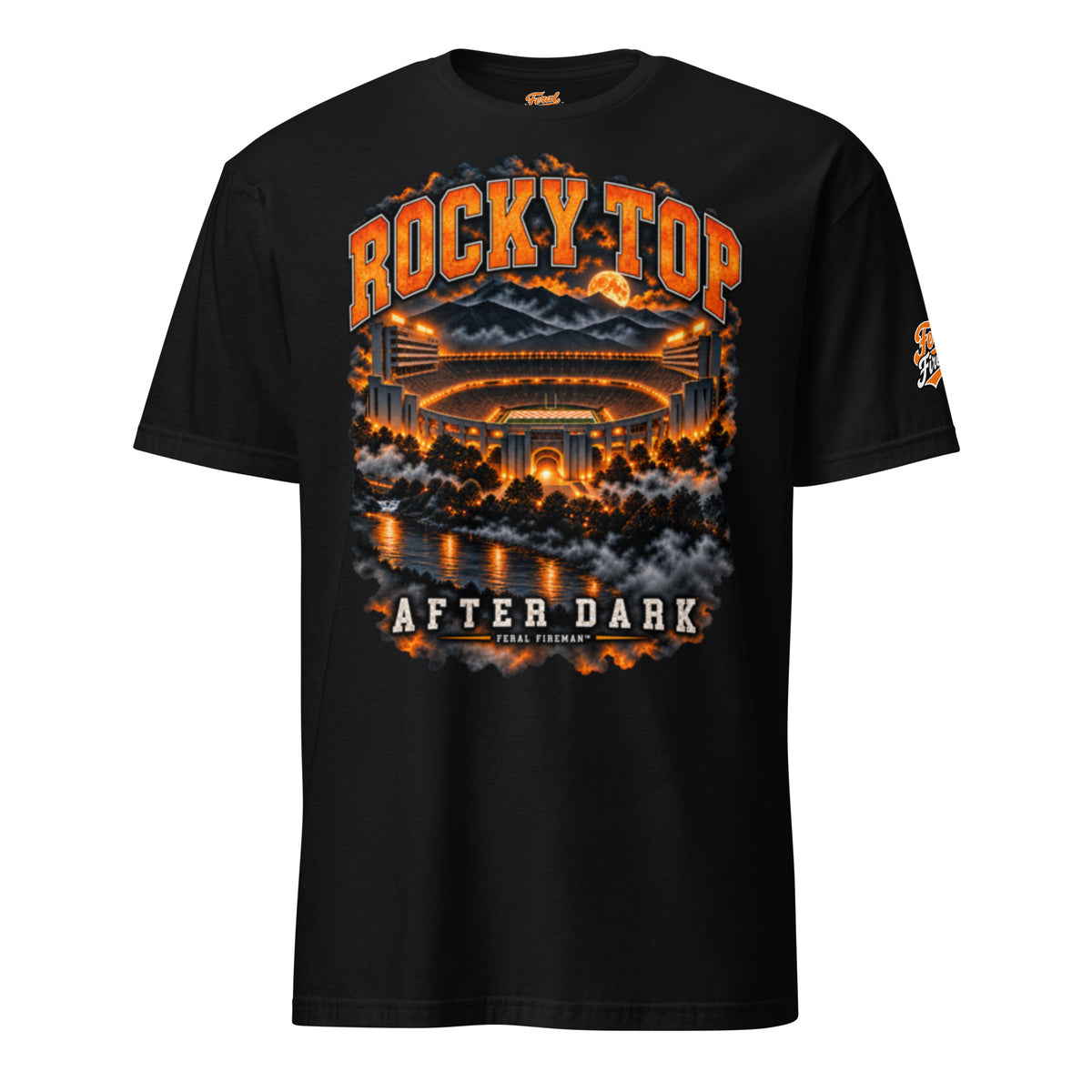 Rocky Top After Dark Feral Fireman Essential Tee in black, front view
