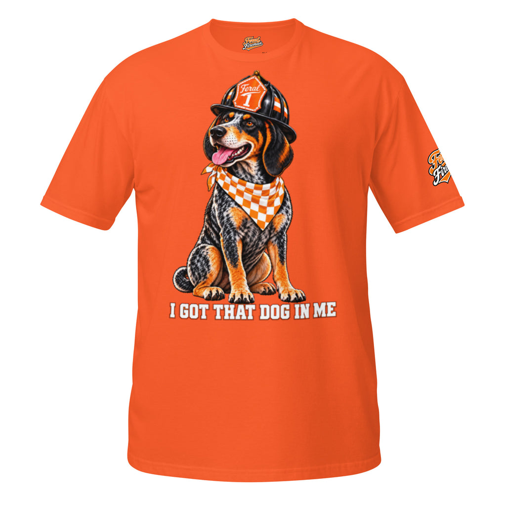 Smokey Soft Feral Fireman Essential Tee in orange, front view