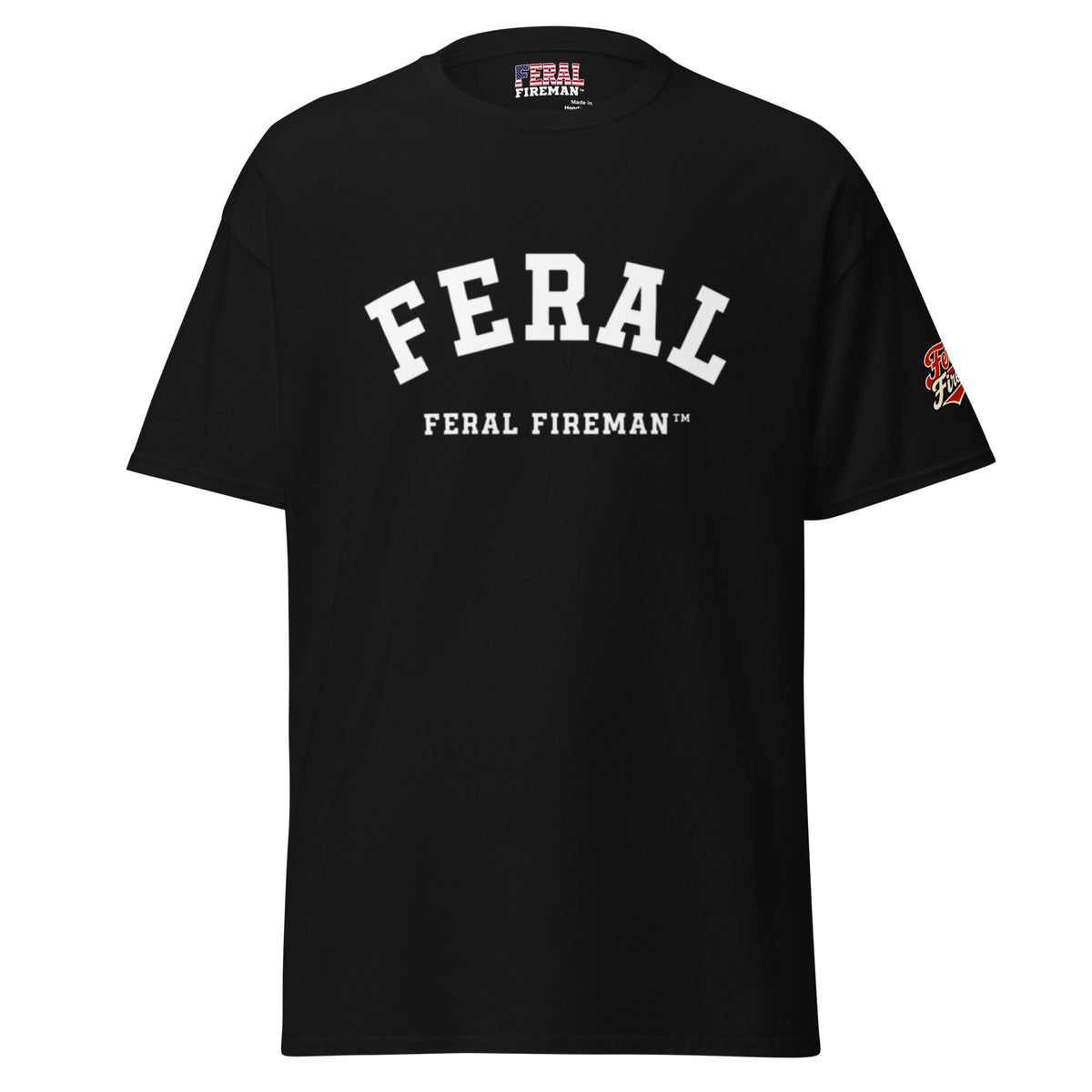 Feral Arch Feral Fireman Essential Tee in black, front view