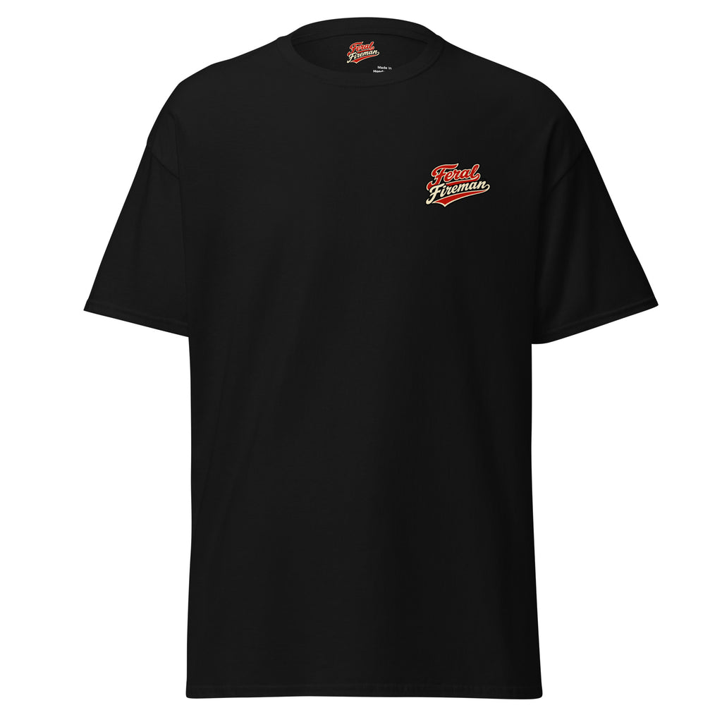 Warning Feral Fireman Essential Tee in black, front view