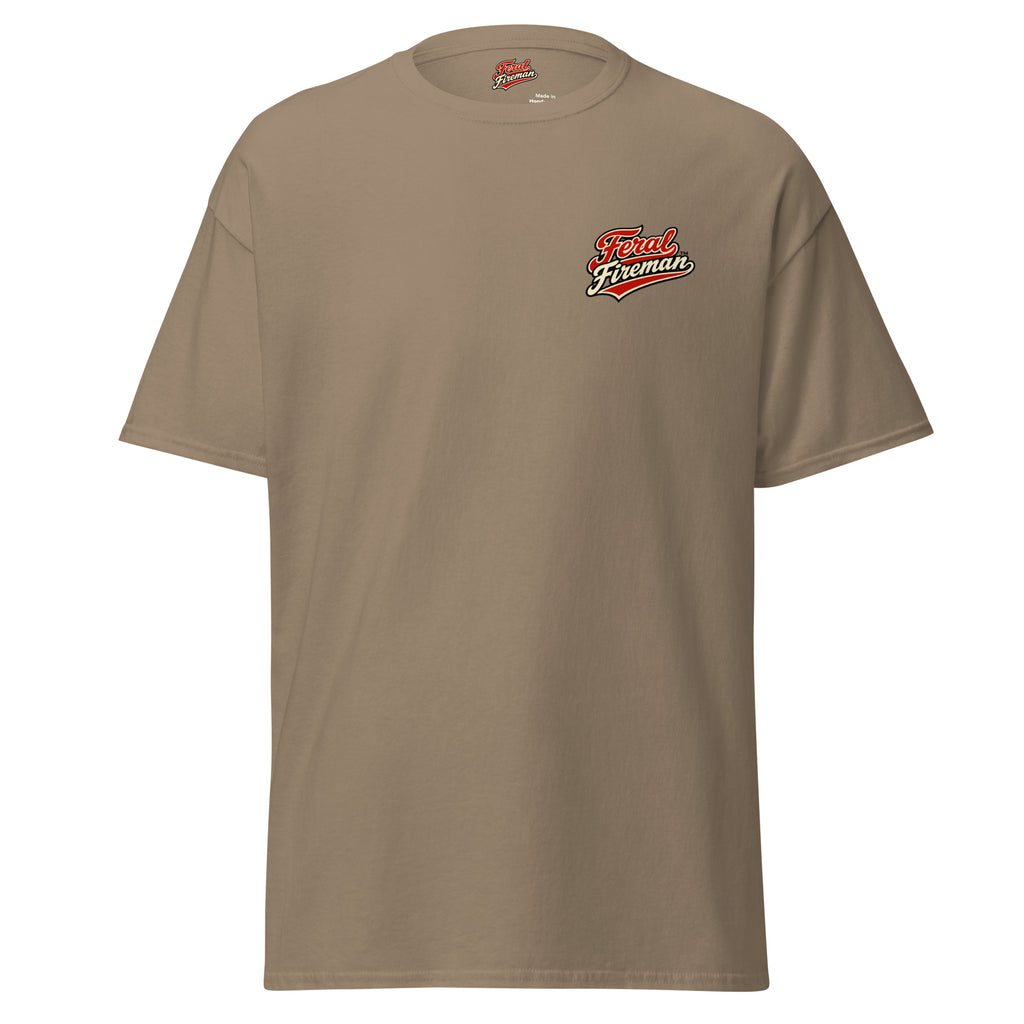 Soft Times Make Hard Calls Feral Fireman Essential Tee in brown savana, front view