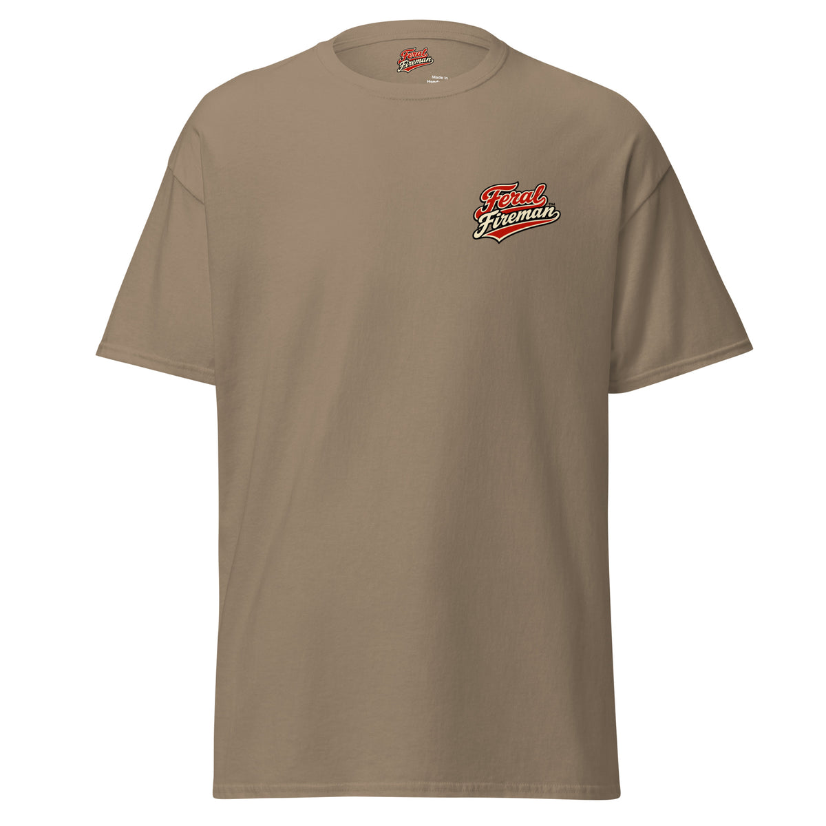 Soft Times Make Hard Calls Feral Fireman Essential Tee in brown savana, front view