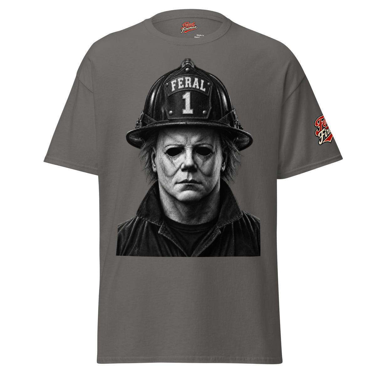 Feral Mike Feral Fireman Essential Tee in charcoal, front view