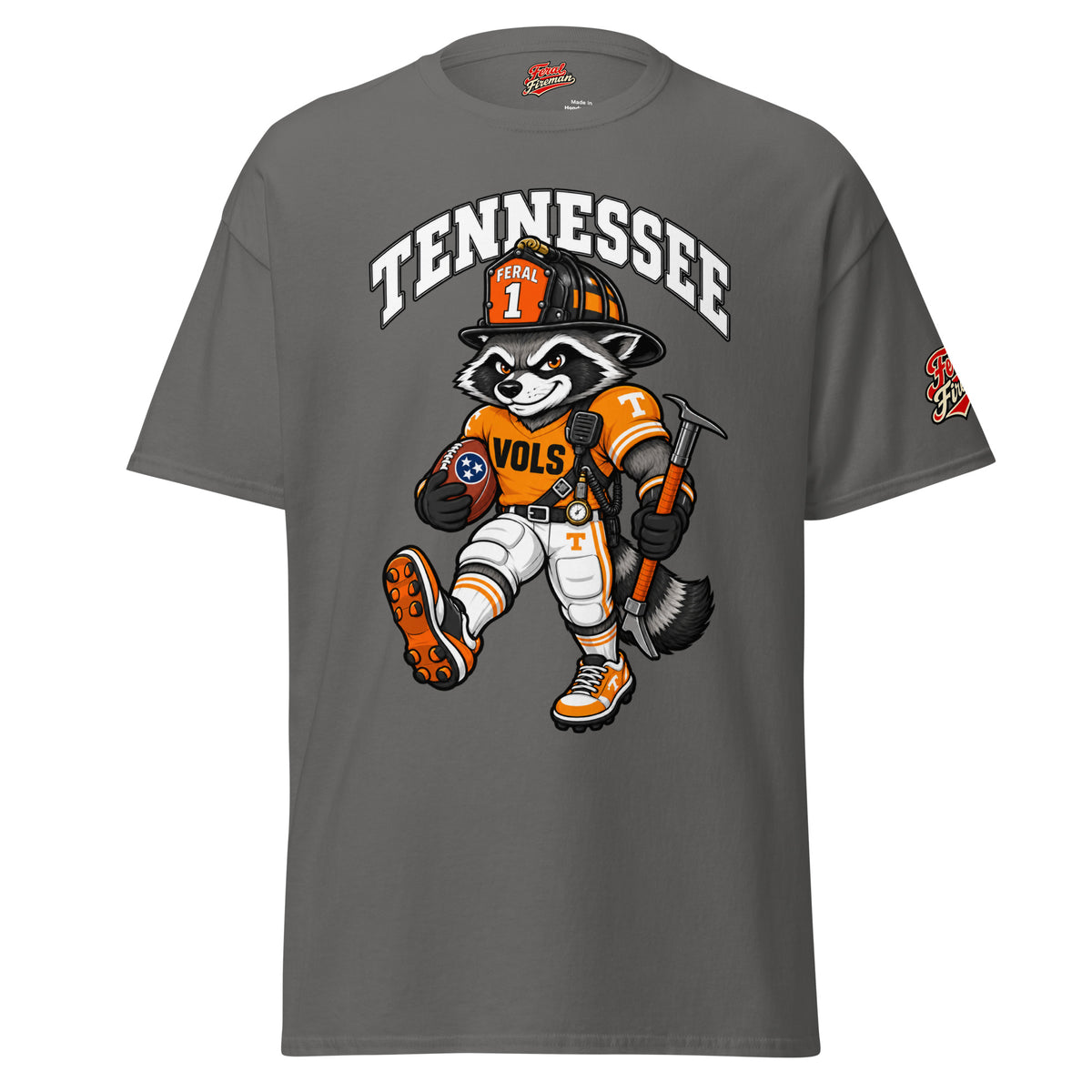 Tennessee Feral Fireman Essential Tee in charcoal, front view
