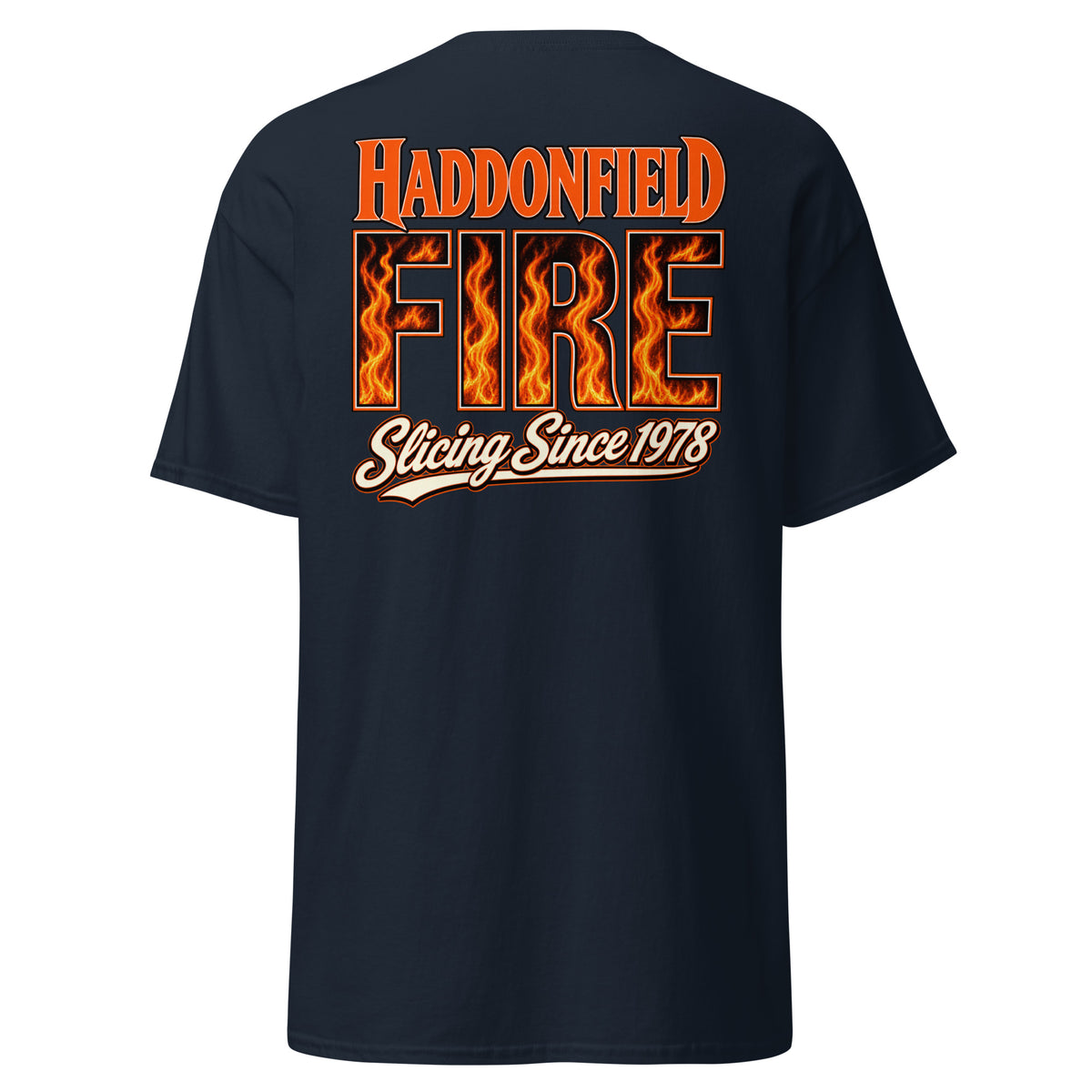 Haddonfield Fire Dept Feral Fireman Essential Tee in navy, back view