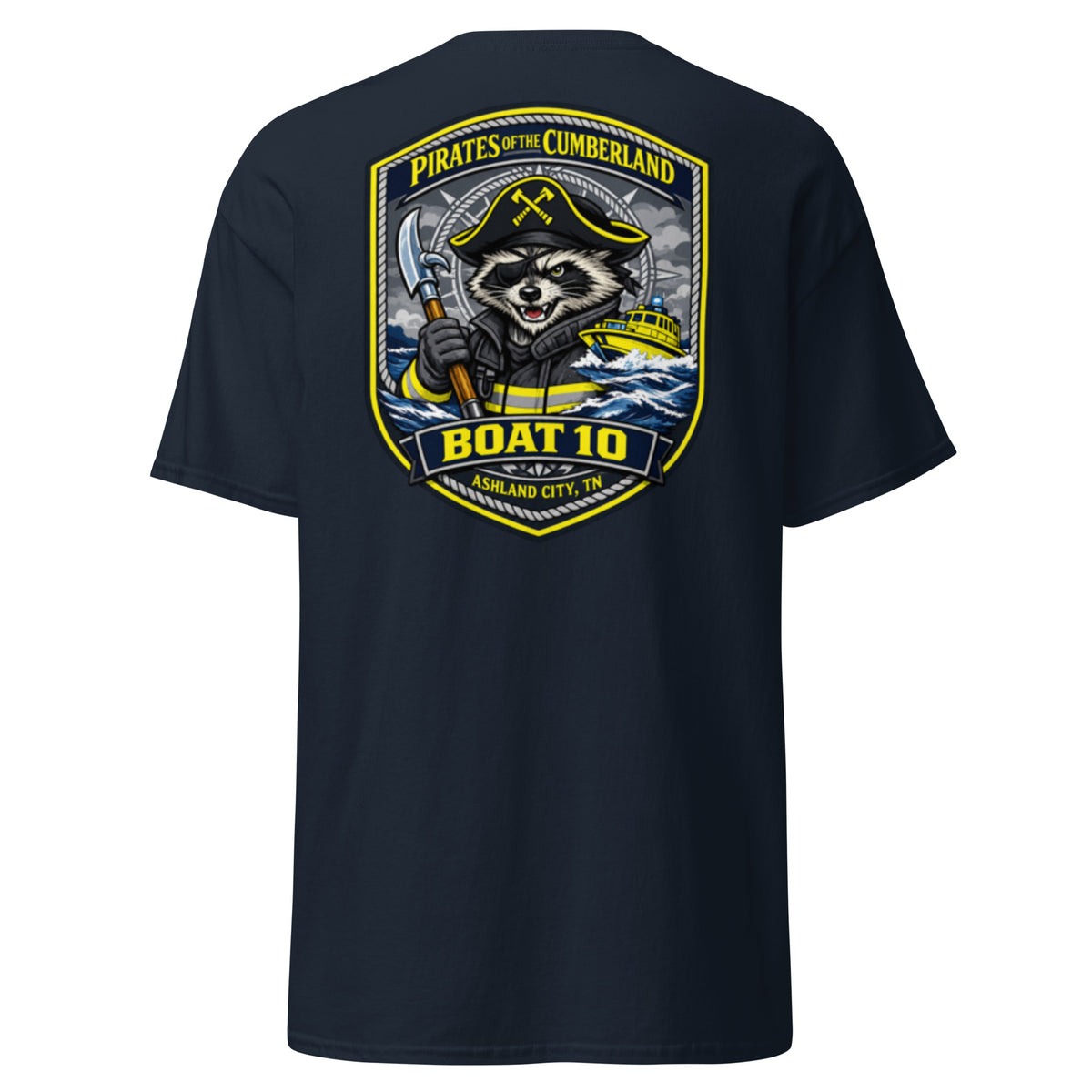 Boat 10 Feral Fireman Essential Tee in navy, back view