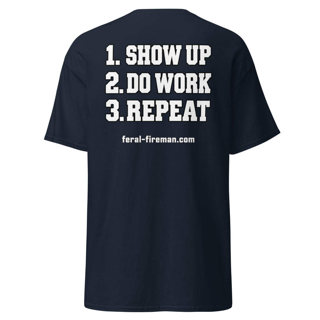 Show Up Feral Fireman Essential Tee in navy, back view