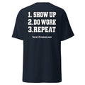 Show Up Feral Fireman Essential Tee in navy, back view