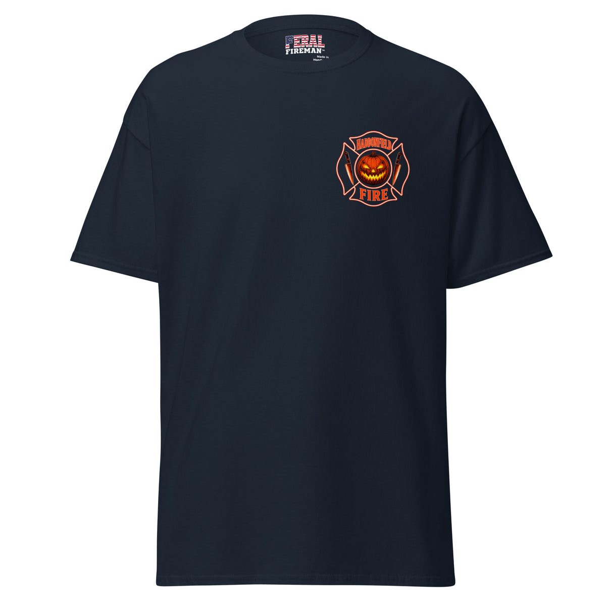 Haddonfield Fire Dept Feral Fireman Essential Tee in navy, front view