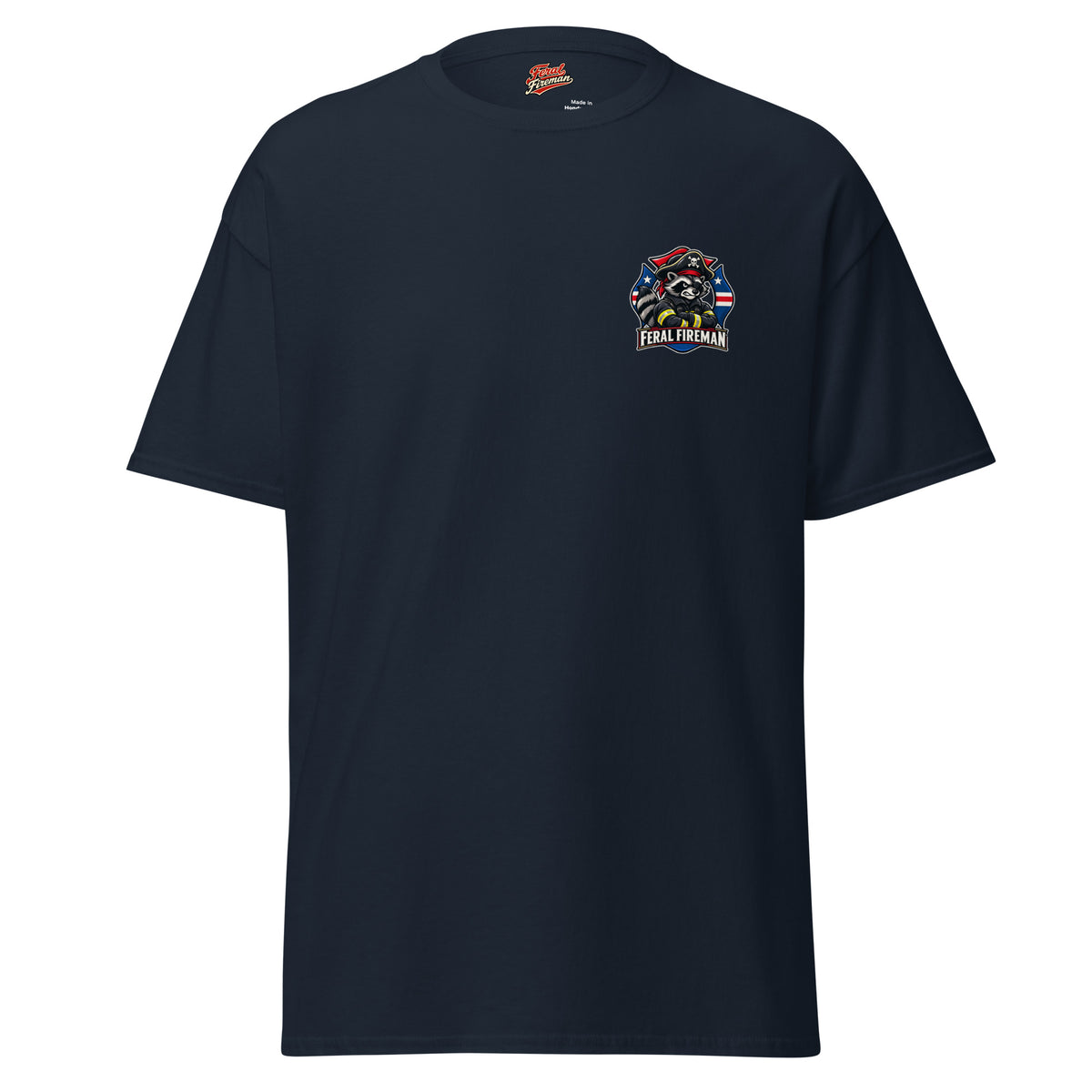 Boat 10 Feral Fireman Essential Tee in navy, front view