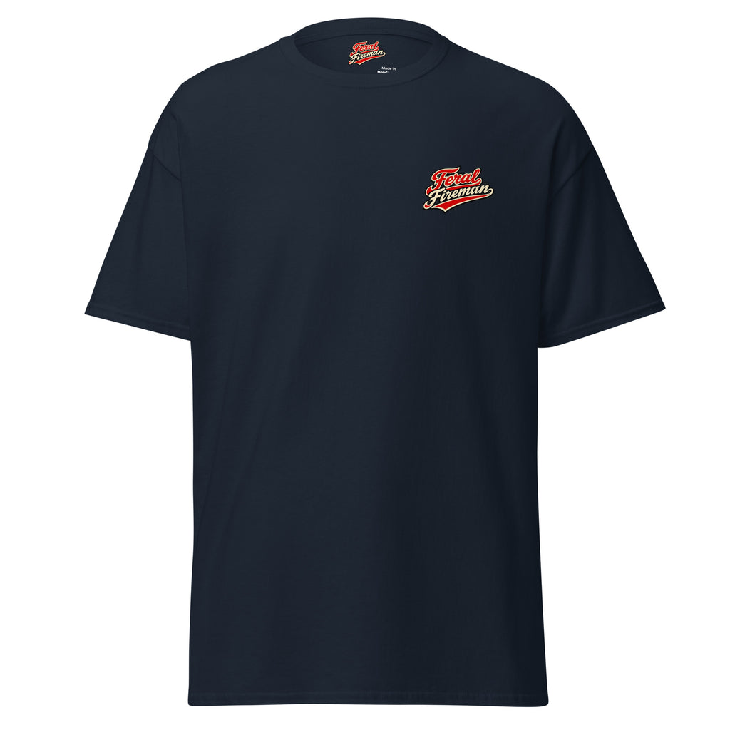 Show Up Feral Fireman Essential Tee in navy, front view