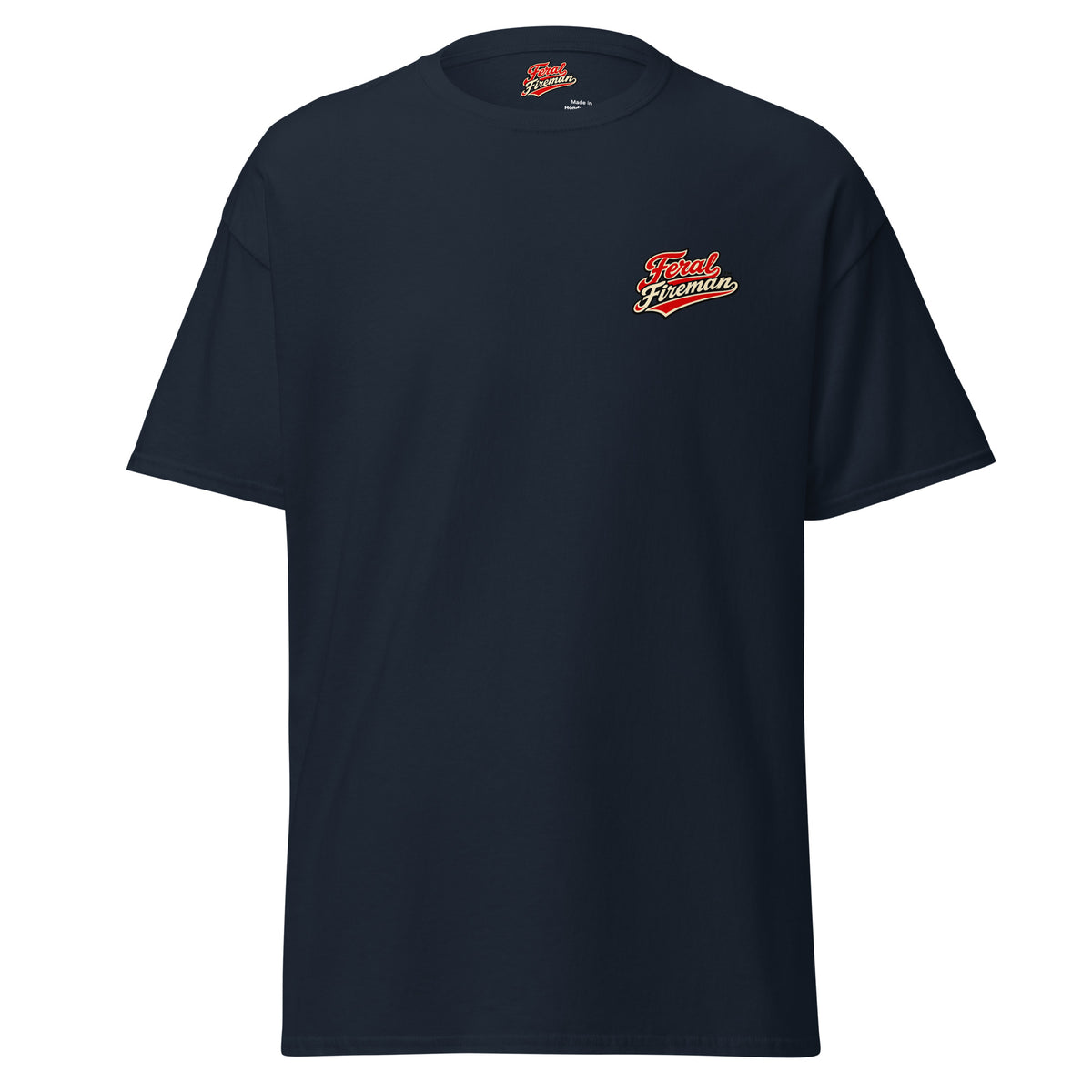 Show Up Feral Fireman Essential Tee in navy, front view