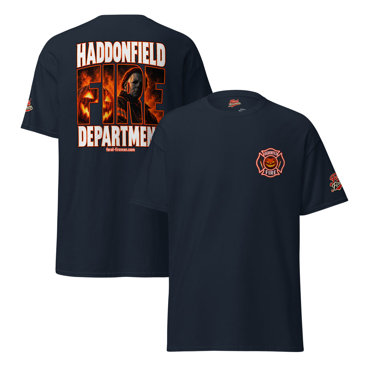 Haddonfield FD 2 | Essential Tee in navy, front and back view