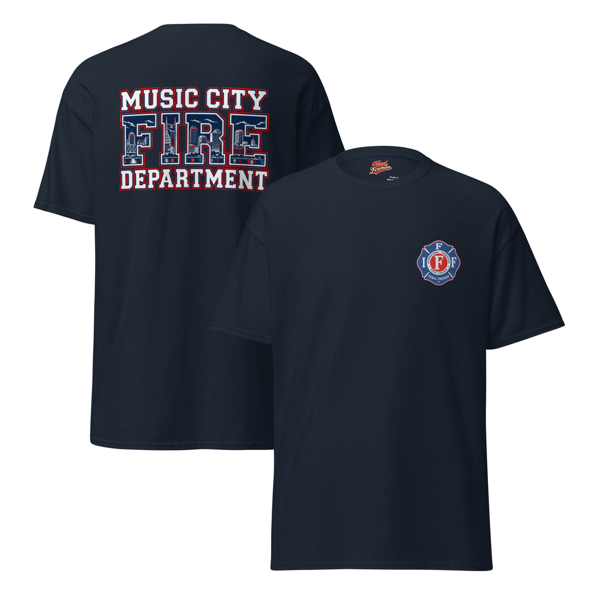 Music City FD Feral Fireman Essential Tee in navy, front and back view