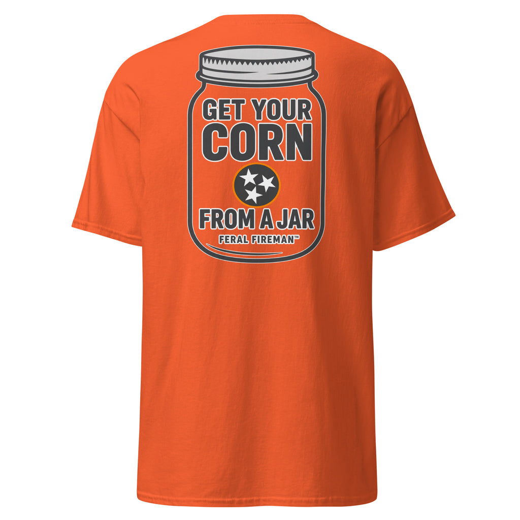 Corn Feral Fireman Essential Tee in orange, back view