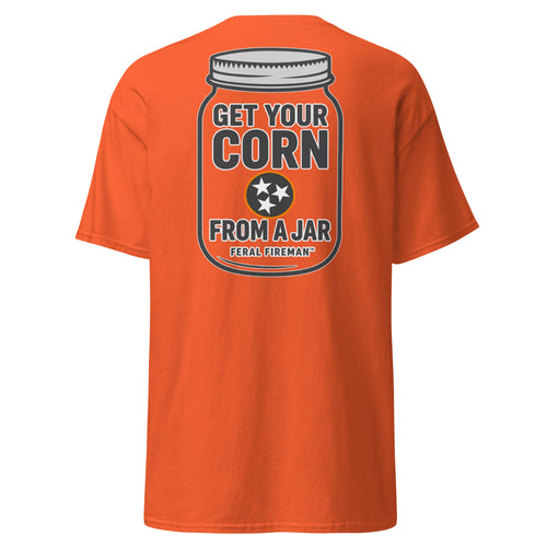 Corn Feral Fireman Essential Tee in orange, back view
