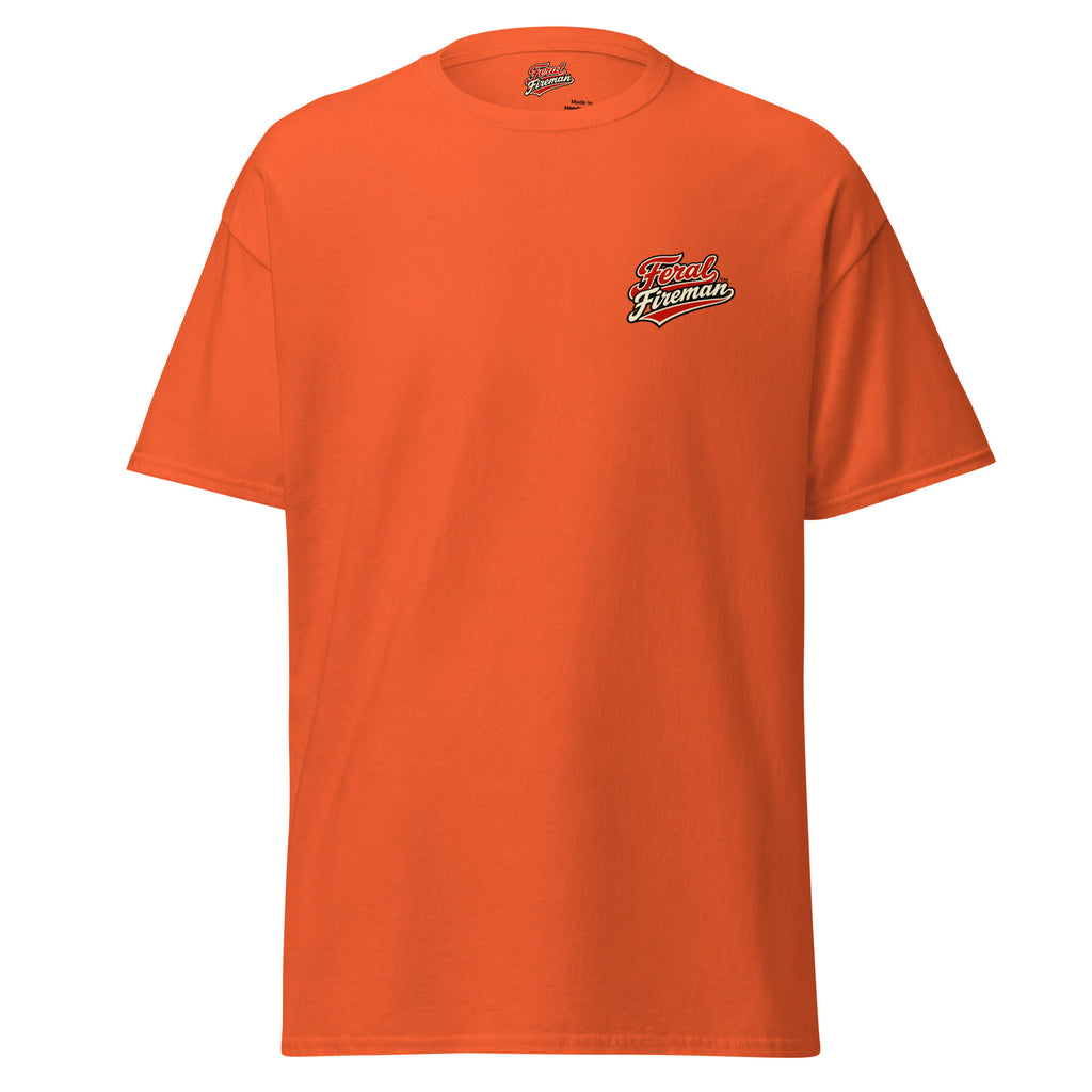 Corn Feral Fireman Essential Tee in orange, front view