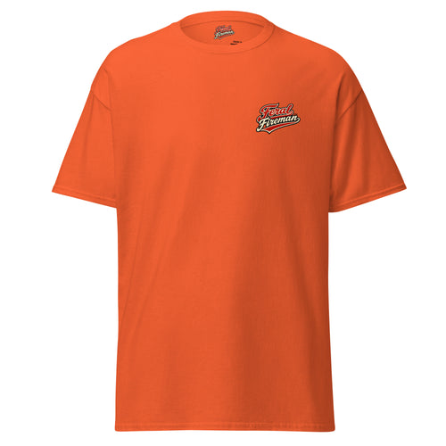 Corn Feral Fireman Essential Tee in orange, front view