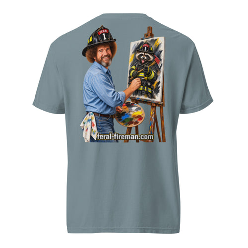 Artist Bob Feral Fireman Comfort Tee in ice blue, back view