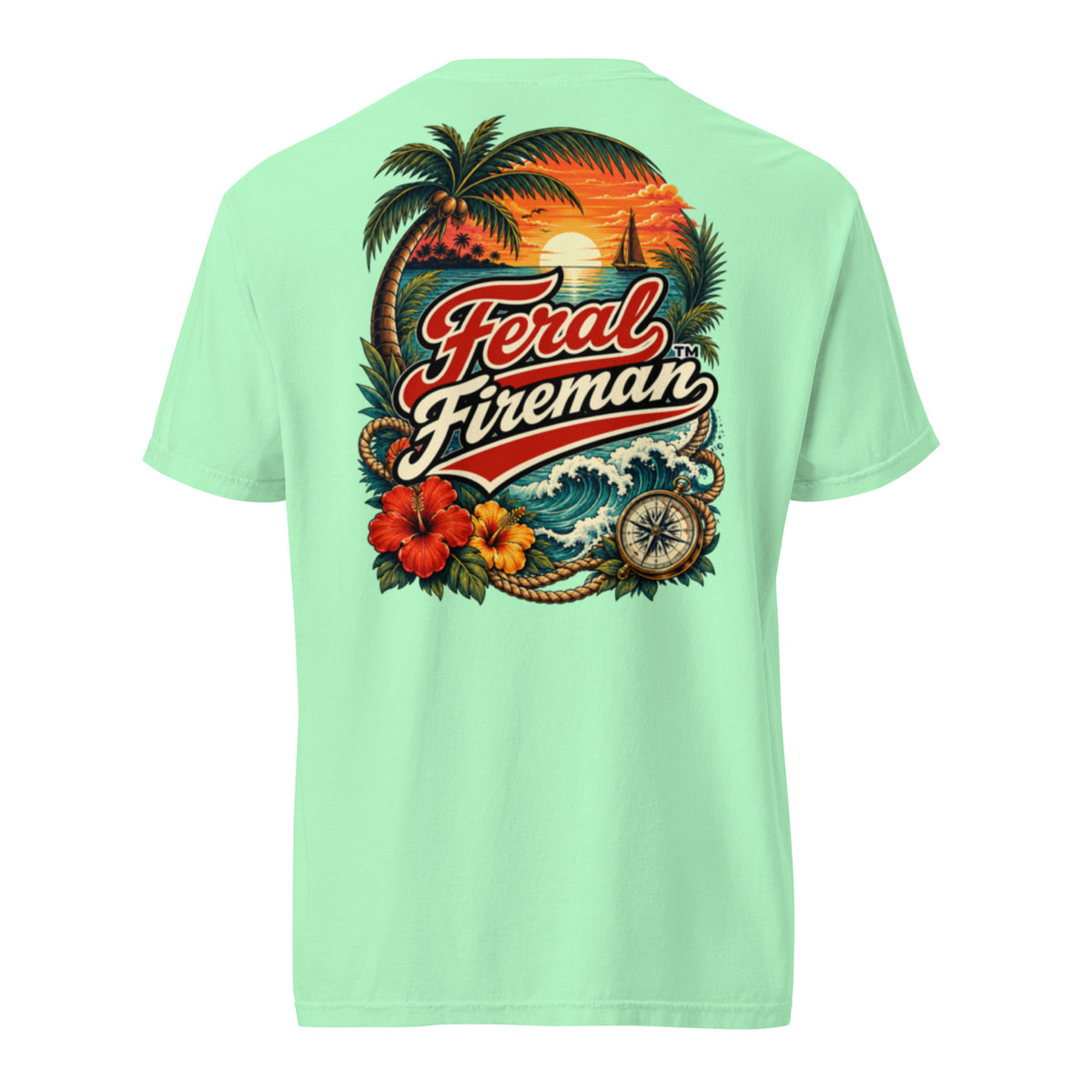 Caribbean Magic Feral Fireman Comfort Tee in island reef, back view