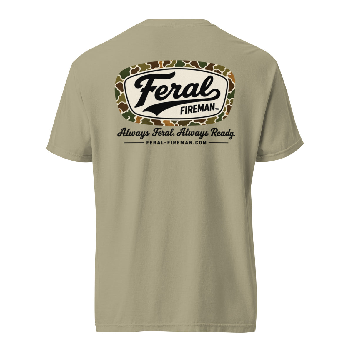 Camo Logo Feral Fireman Comfort Tee in khaki, back view