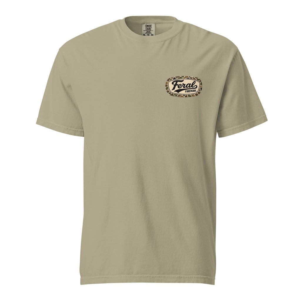 Camo Logo Feral Fireman Comfort Tee in khaki, front view