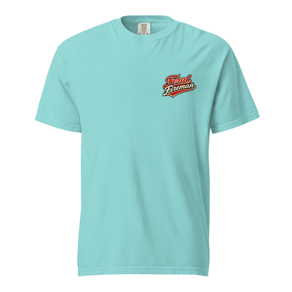 Boats N Hose Feral Fireman Comfort Tee in lagoon blue, front view