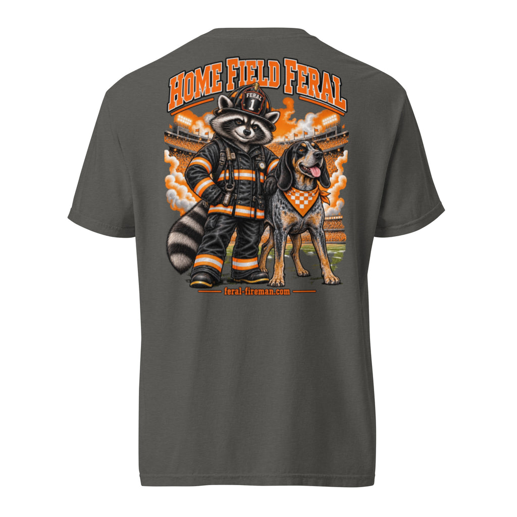 Home Field Feral Fireman Comfort Tee in pepper, back view