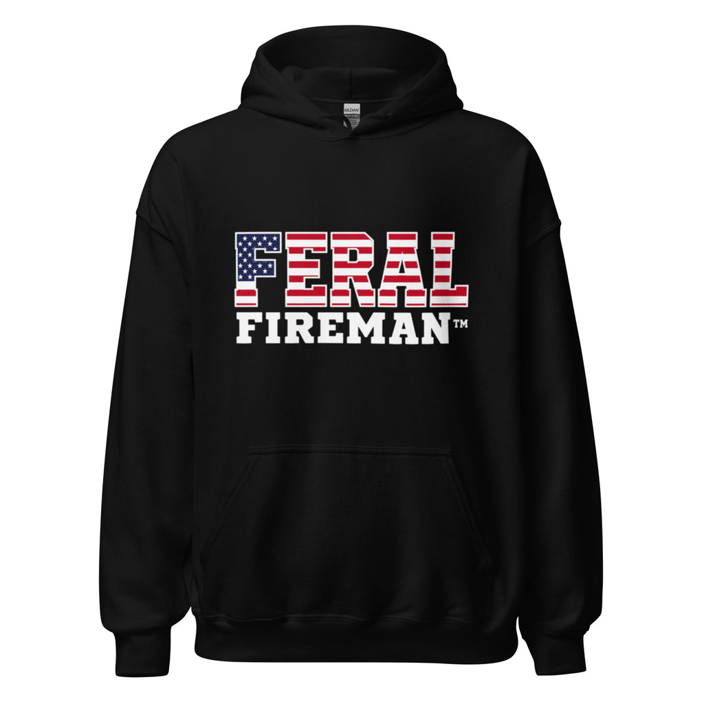 Front view of black Feral Flag hoodie with red white and blue FERAL logo