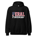 Front view of black Feral Flag hoodie with red white and blue FERAL logo