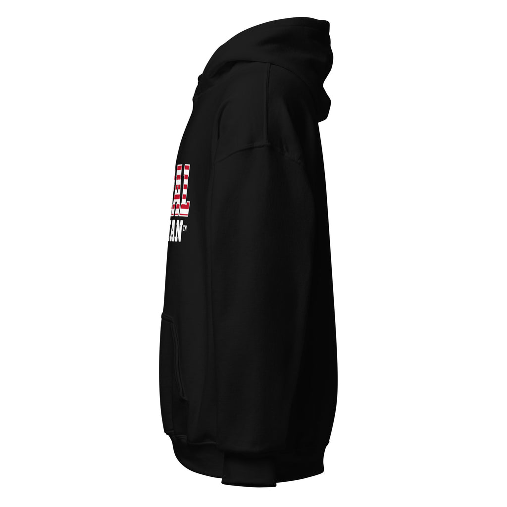 Left side view of black Feral Flag hoodie