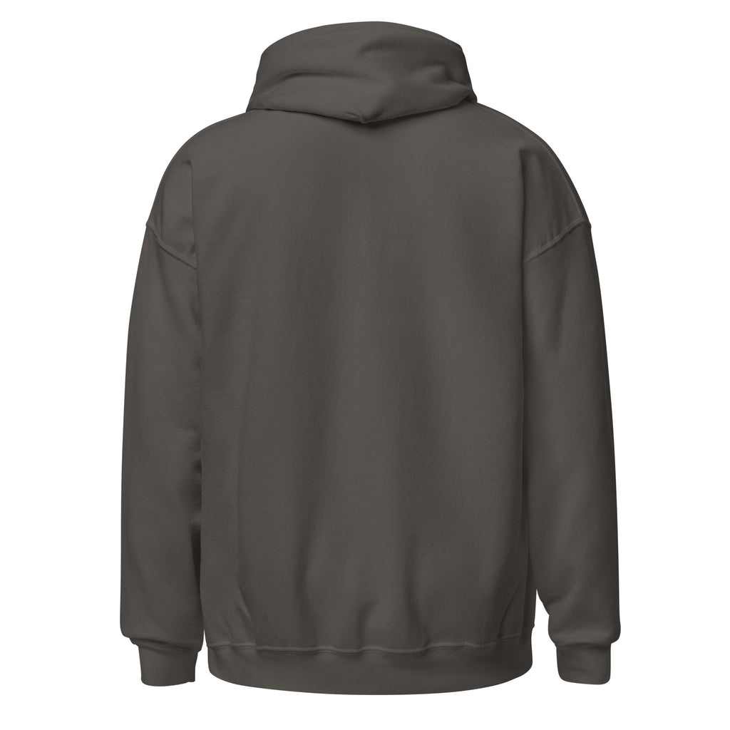Back view of charcoal Feral Script pullover hoodie