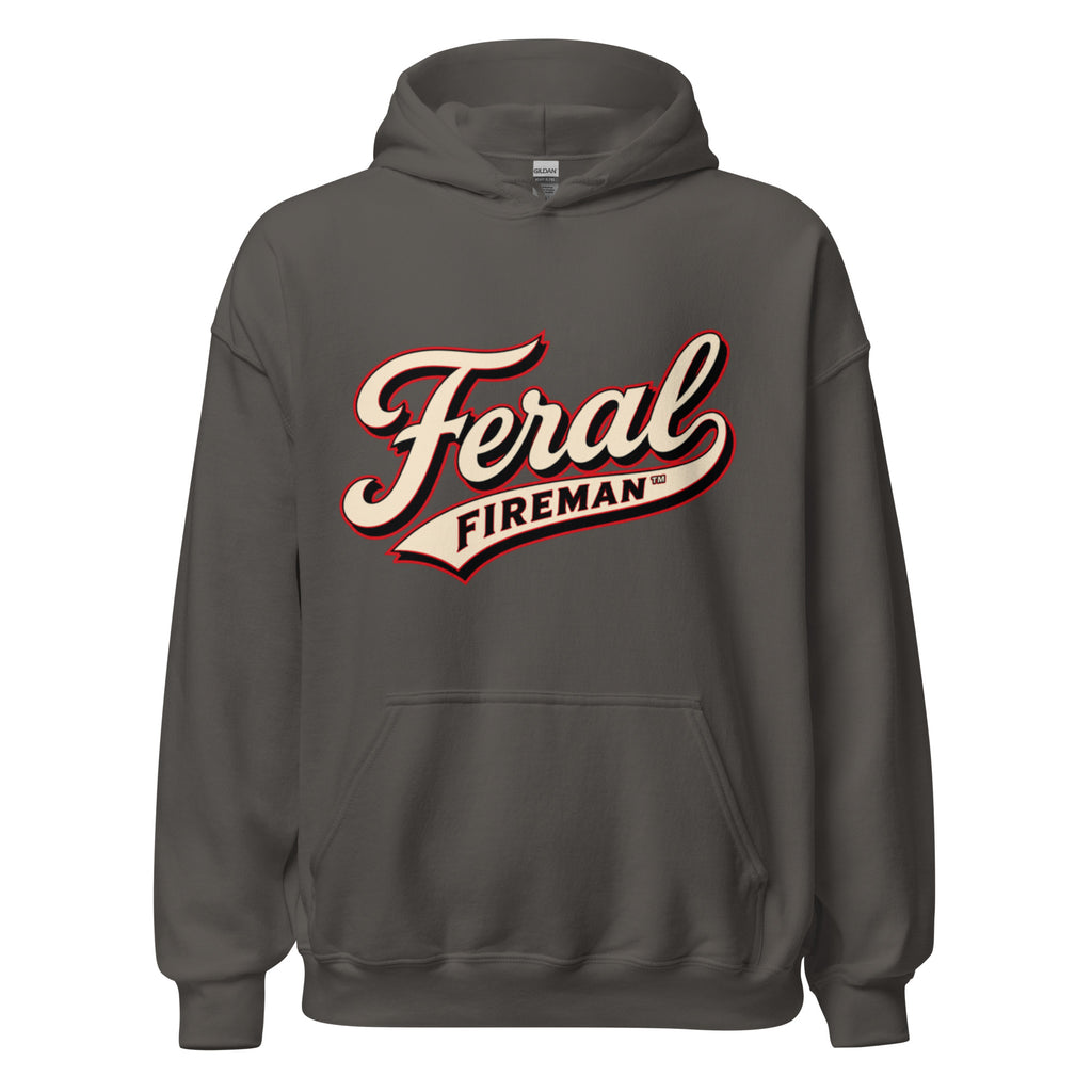 Front view of charcoal Feral Script hoodie with cream and red Feral Fireman logo