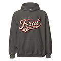 Front view of charcoal Feral Script hoodie with cream and red Feral Fireman logo