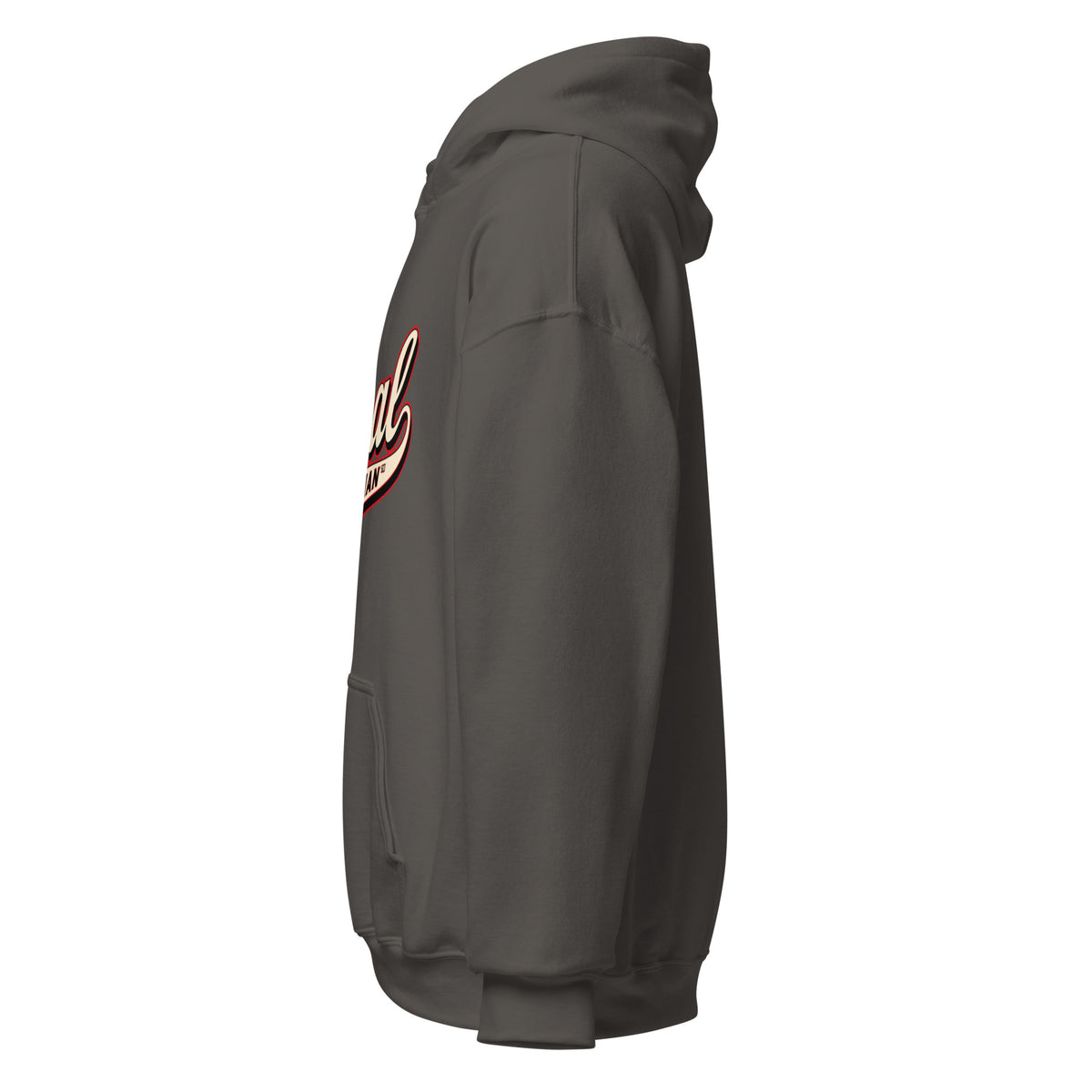 Left side view of charcoal Feral Script hoodie