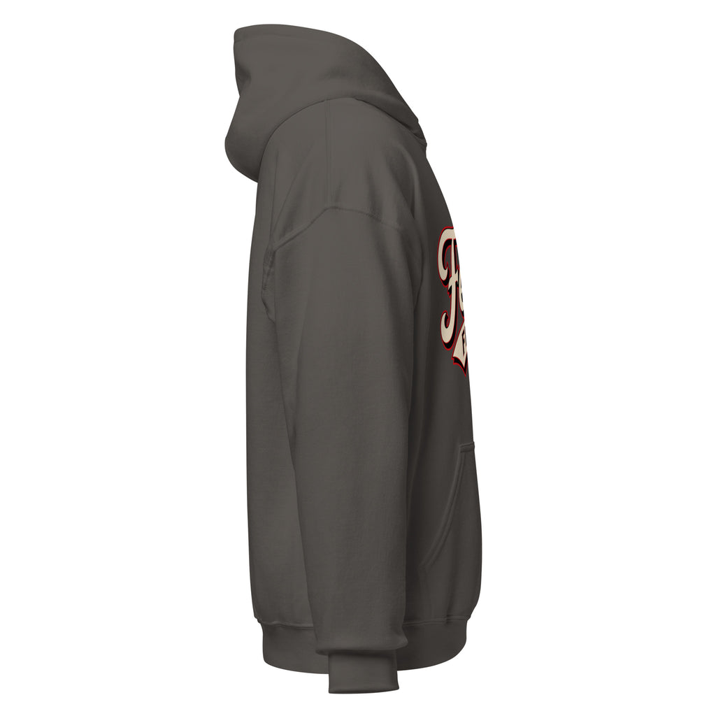 Right side view of charcoal Feral Script hoodie
