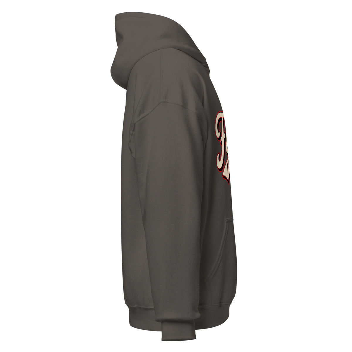 Right side view of charcoal Feral Script hoodie