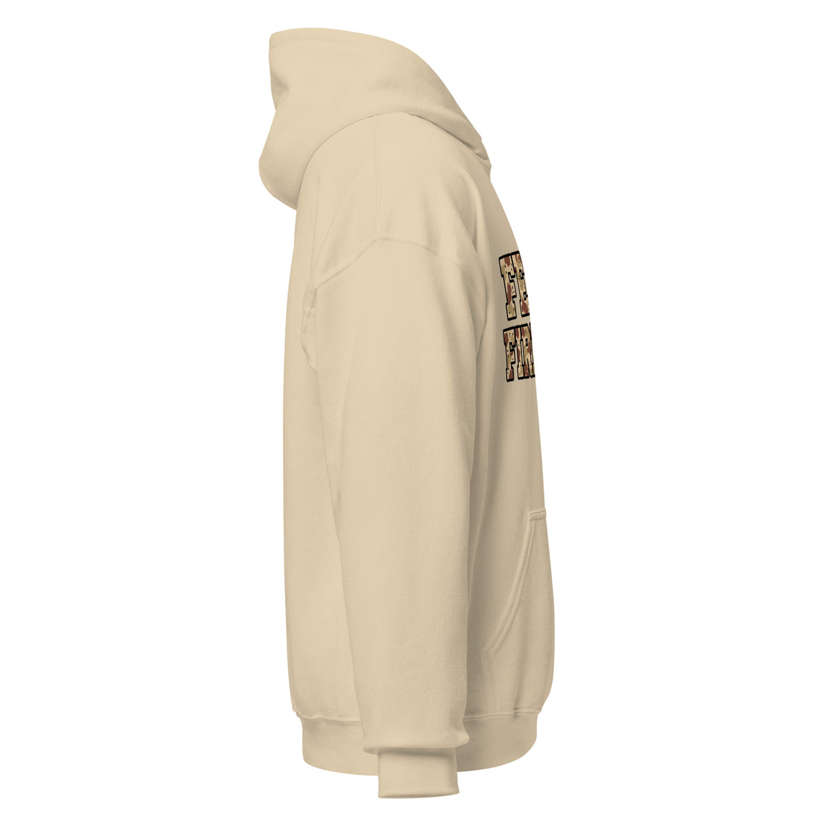 Right side view of sand Feral Desert Camo hoodie